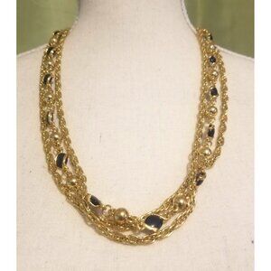 Vintage Multi Strand Gold Tone Necklace With Blue Cabochons Gold Beads